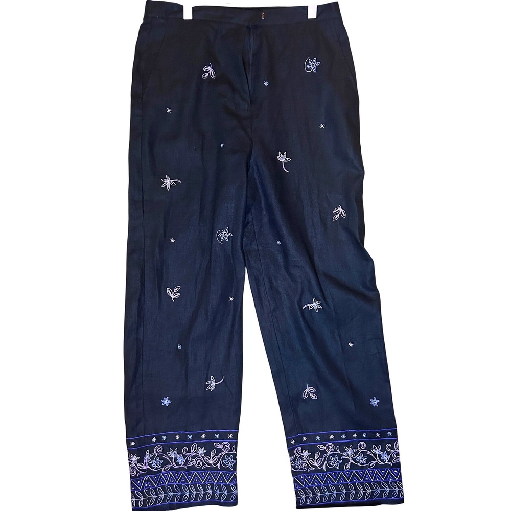 Paraphrase Woman Black Linen Embroidered Dragonfly Flower Wide Leg Pant Size 14W